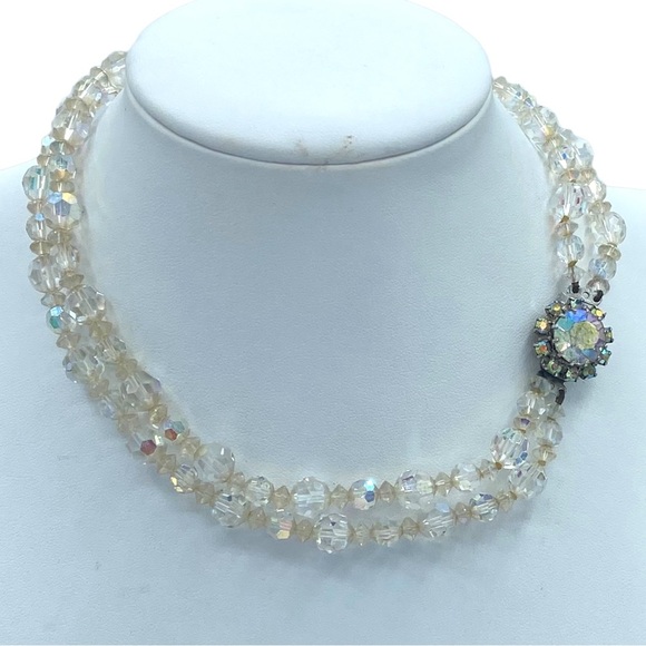 Vintage 1950s Aurora borealis crystal beads double strand faceted sparkly choker - Picture 1 of 11